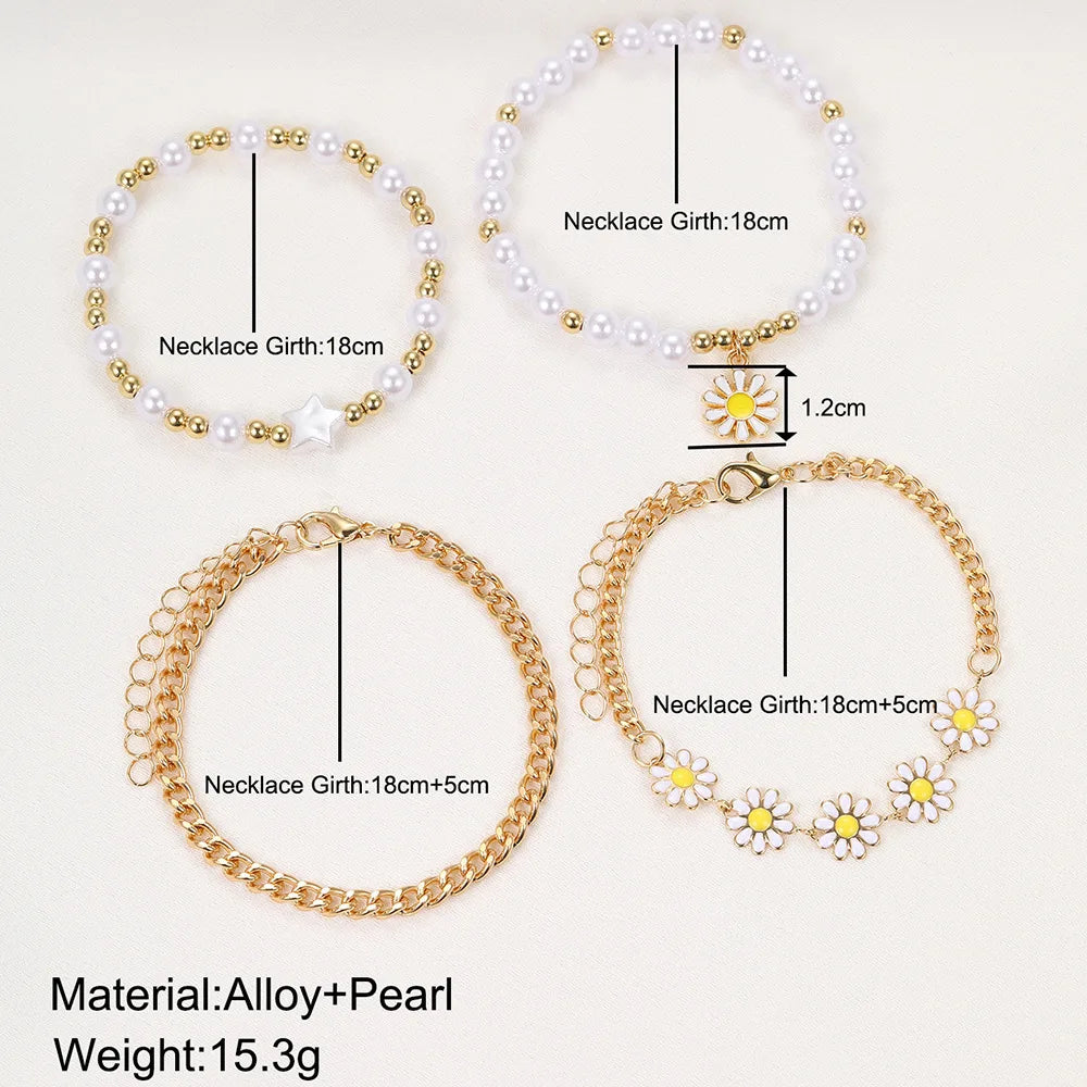 Hemasa 4pcs Vintage Small Daisy Flower Pendant Faux Pearl Bracelet Set for Women Bohemian Beaded Enamel Hand String Jewelry Gifts