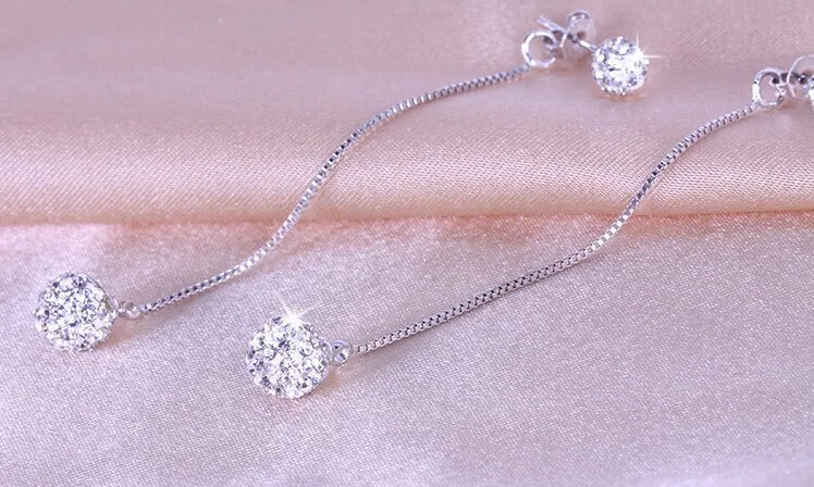 High Quality 925 Sterling Silver Rhinestone Earrings Double Crystal Ball Long Tassel Stud Earrings Brincos De Prata For Women