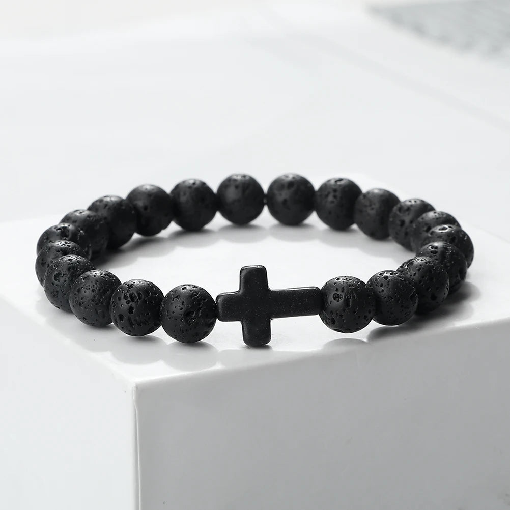 Jesus Cross Men Bracelet Natural Stone Black Lava Turquoises Onyx Beads Charm Bracelets Women Yoga Bangles Prayer Jewelry Gifts