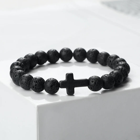Jesus Cross Men Bracelet Natural Stone Black Lava Turquoises Onyx Beads Charm Bracelets Women Yoga Bangles Prayer Jewelry Gifts