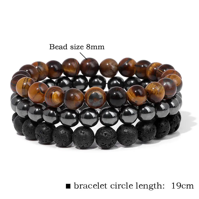 Hemasa 3Pcs Natural Howlite Lava Tiger Eye Hematite Bead Stretch Bracelets