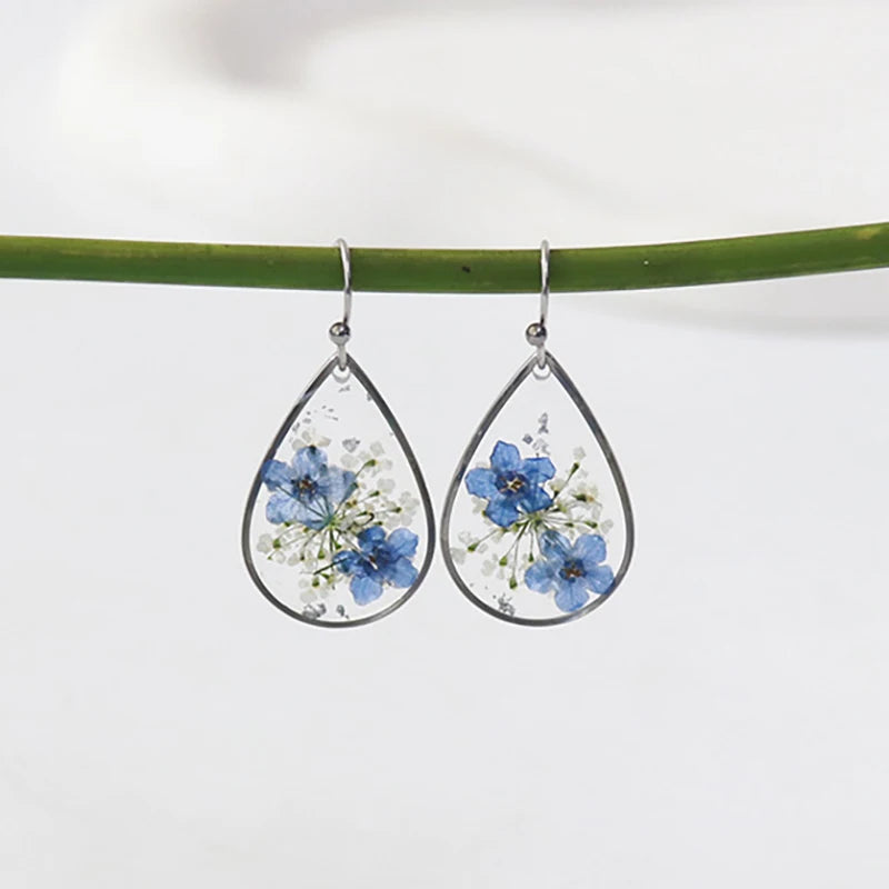 Unique Forget-me-not Real Flower Earring Epoxy Resin Natural Blue Flower Earring Women Elegant Floral Earring Statement Jewelry