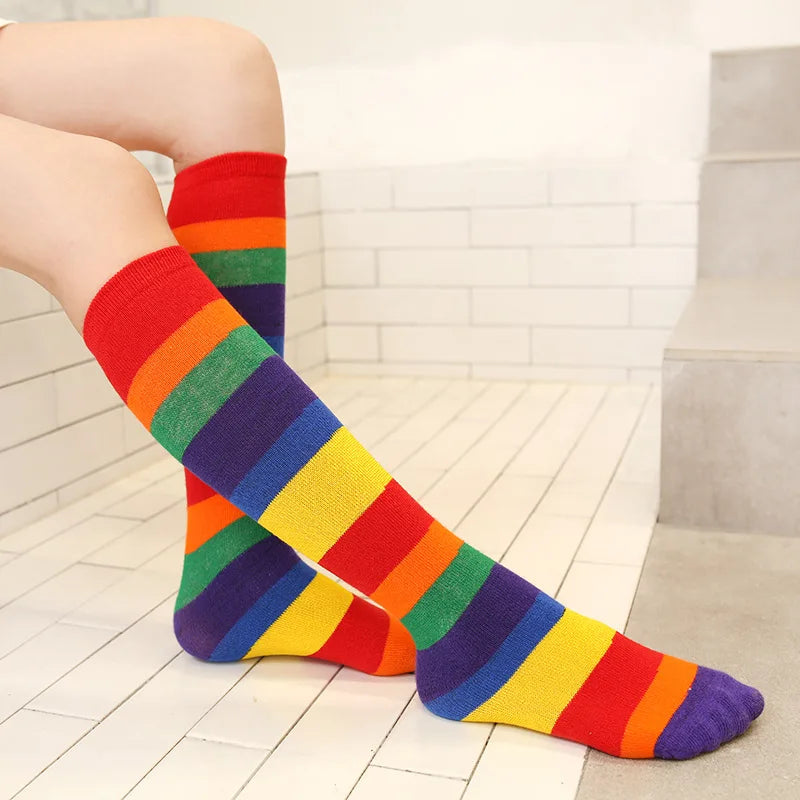Children Girls Socks Knee Casual Fashion Rainbow Striped Christmas Hose Kids Breathable Cotton Stocking Legwarmers