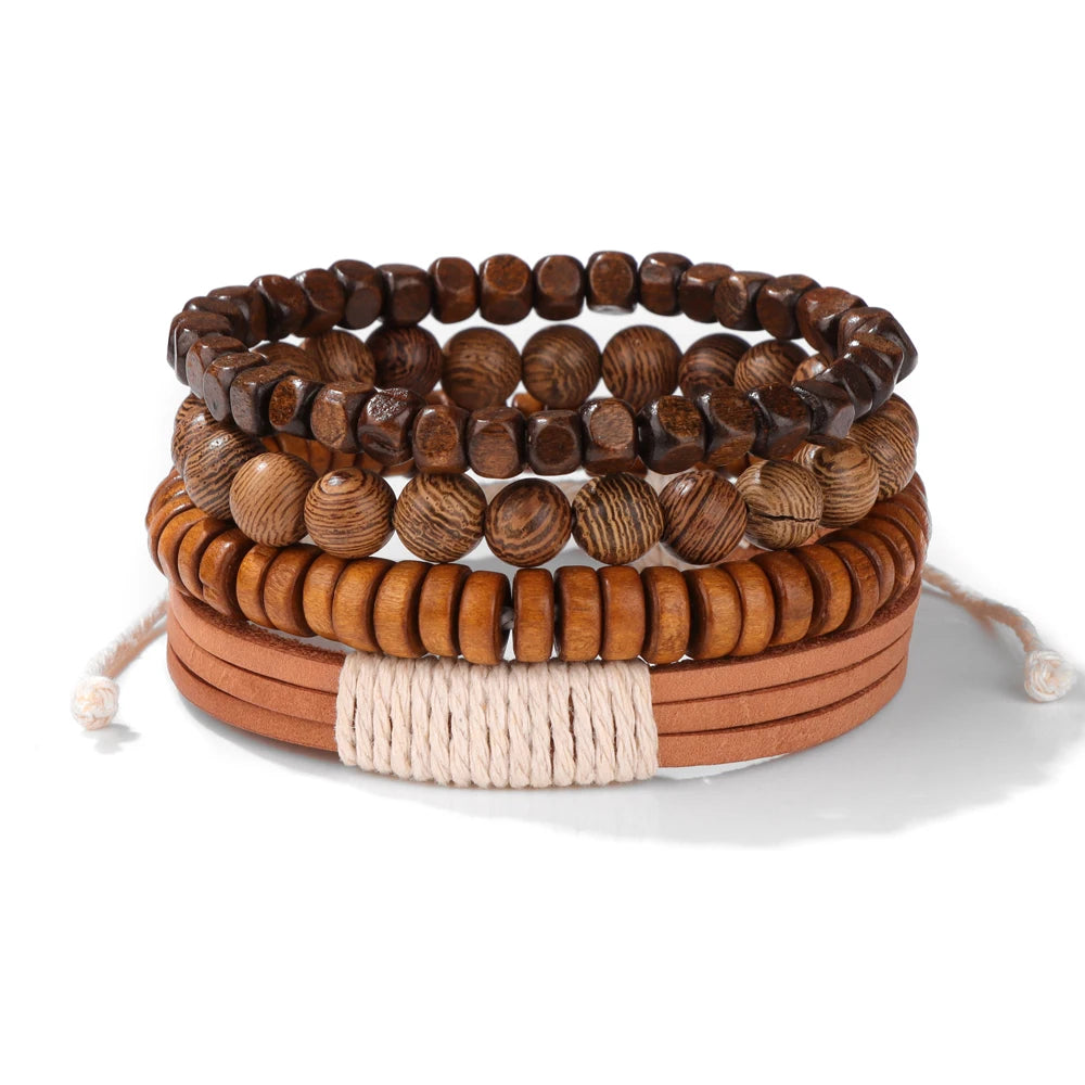 Fashion Braided Wrap Leather Bracelet Vintage Wood Beads Feather Skull Arrow Ethnic Bracelets Bangles Men Women Energy Jewelry