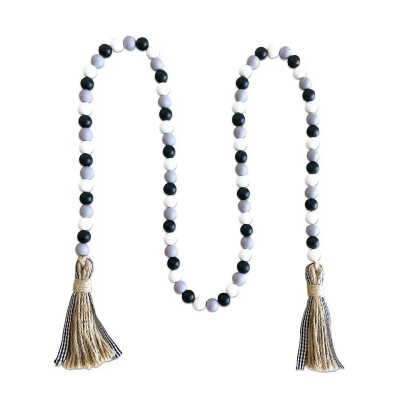 Wooden Bead Garland with Tassels Rustic Country Farmhouse Home Holiday Christmas Tree Garland Tray Wall Hanging Photo Props