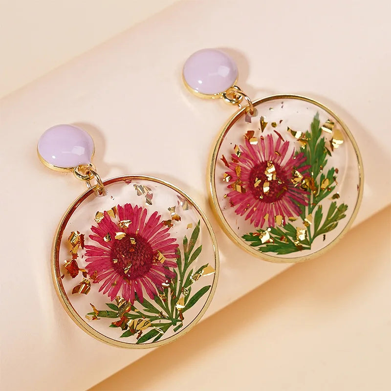 Creative Handmaking Pressed Flower Earrings Sweet Natural Flower Earrings Women Floral Statement Jewelry 2024 Boho Round Earring