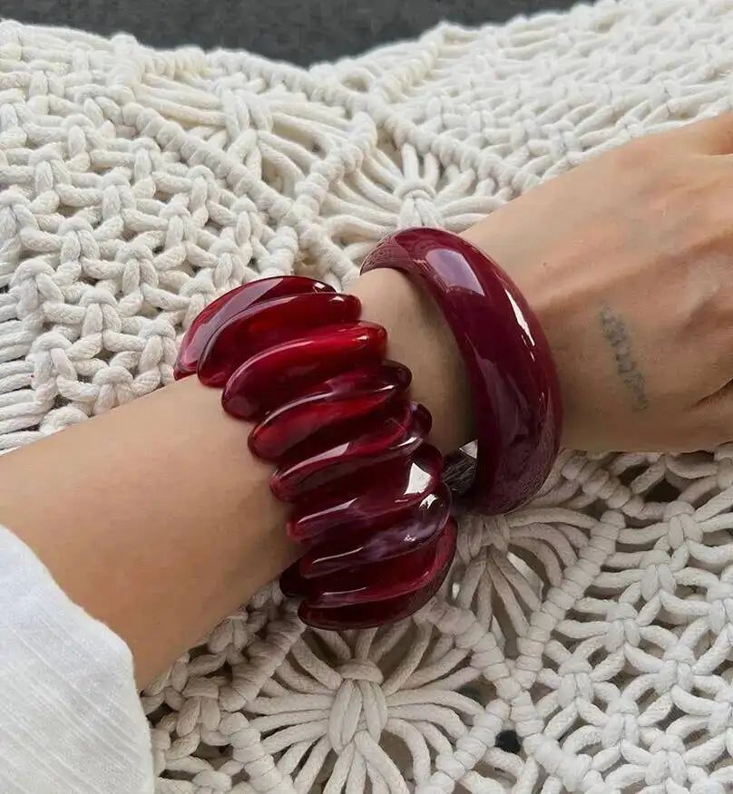 Salircon Boho Red Acrylic Resin Chunky Bangles Women on Hand Trendy Irregular Geometric Charm Wide Hip Hop Cuff Bracelet Jewelry
