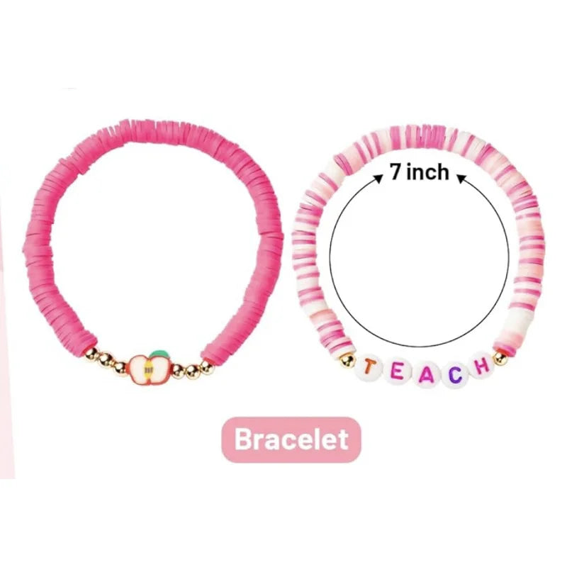Teacher Days Gift Jewelry Handmade Fruit Apple Charm Teach Alphabet Polymer Clay Beads 2 Pack Teacher Bracelets Jewelry