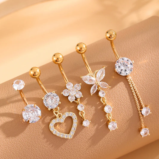 14G Gold Color Series Butterfly Dangled Belly Piercing Sets 5PCS/Lot Heart Flower Curved Navel Navel Ring Belly Button Rings