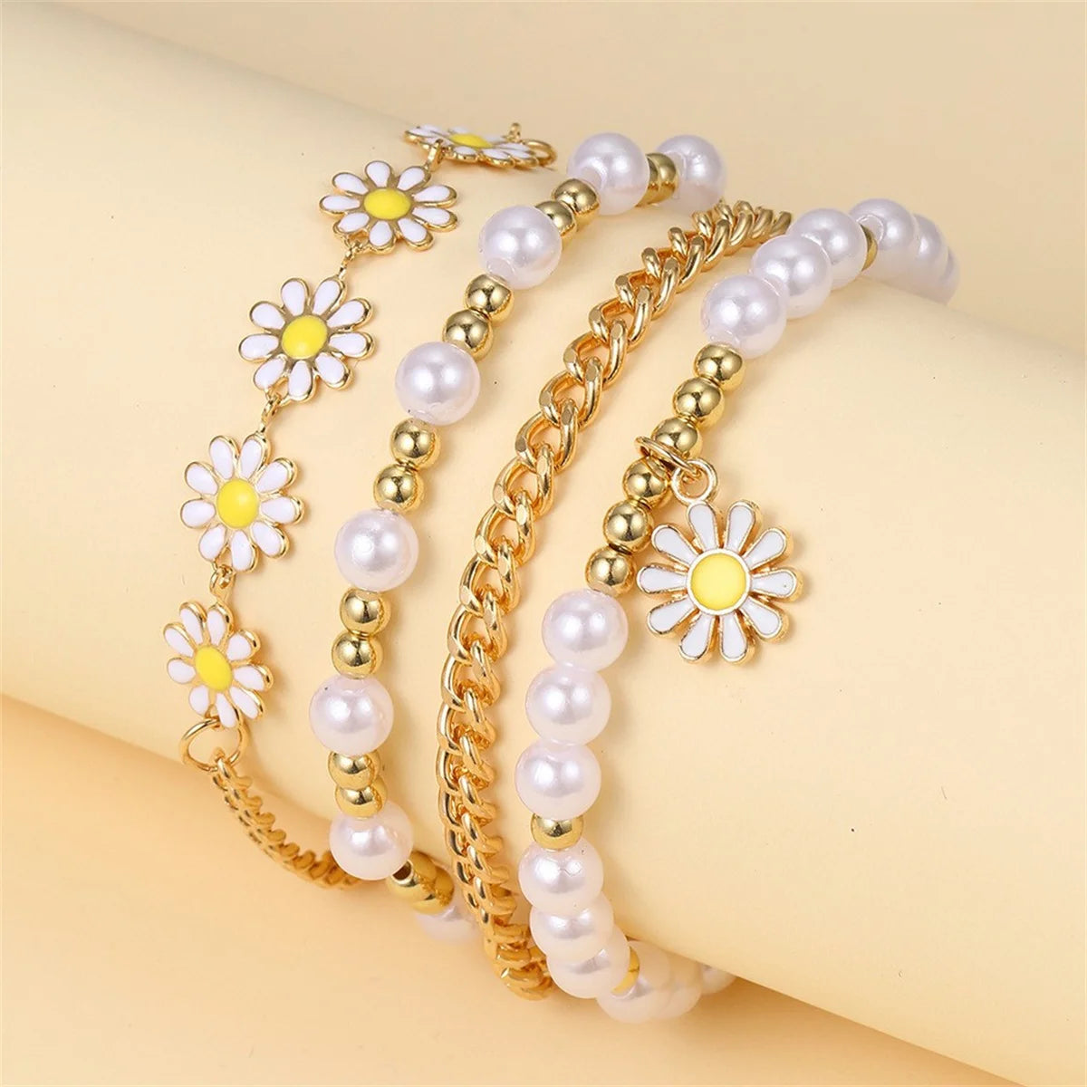Hemasa Multilayer  Daisy Flower Imitation Pearl Beads Bracelet Set For Women