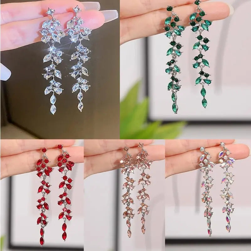 Hemasa  Long Earrings with Diamond Leaves and Tassels Elegant Temperament Premium Earrings