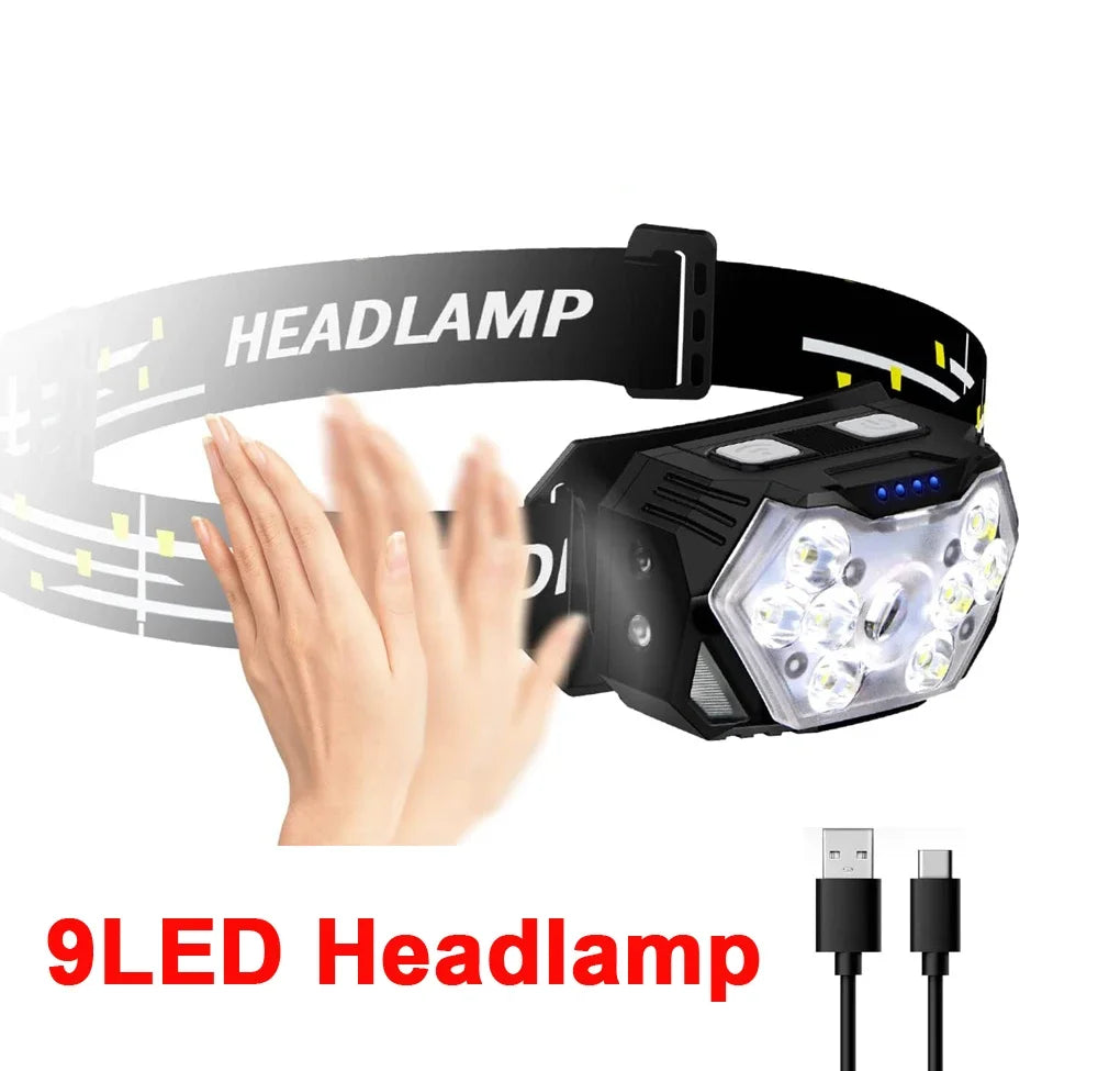 Hemasa 9 Led Strong Light Headlamp USB Rechageable Motion Sensor Headlight Portable Fishing Camping Outdoor Head Lamp Work Flashlight