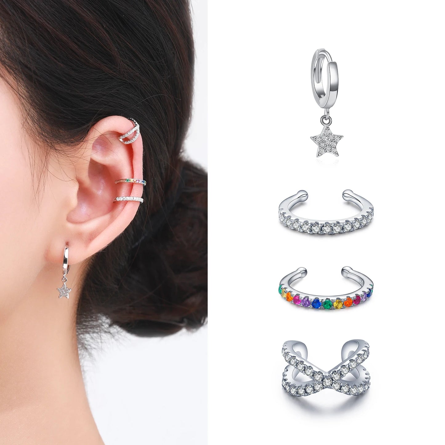 Modian 1 PCS Ear Cuff Real 925 Sterling Silver Rainbow Zirconia Elegant Fashion Clip Earrings For Women Statement Jewelry Gifts