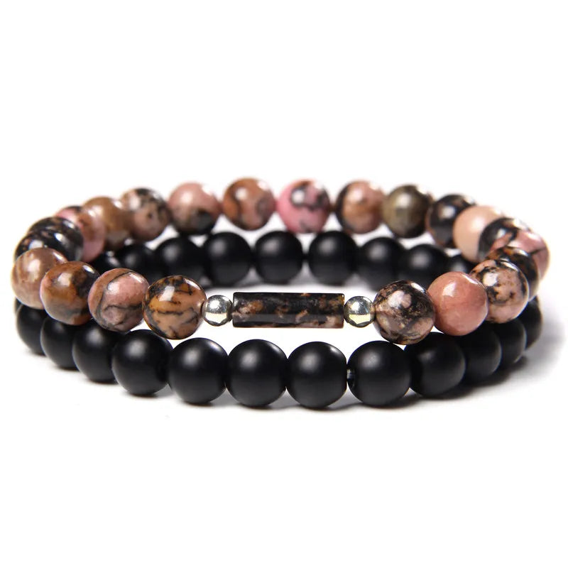 2pcs/set Beaded Bracelet Natural Stone Tiger Eye Hematite Beads Bracelet Men Energy Elastic Rope Bracelet Jewelry Couples Gifts