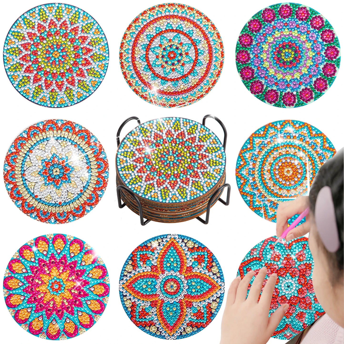 Hemasa 8pc/sets Mandala Diamond Painting Coasters  / Acrylic  Diamond Art Coasters