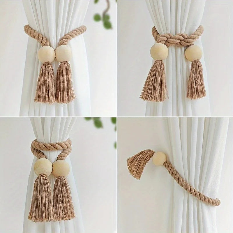 2pcs Magnetic Wood Beaded Curtain Strap Curtain Buckle Clips Holdbacks Curtain Tie for Living Room Bedroom Home Decoration