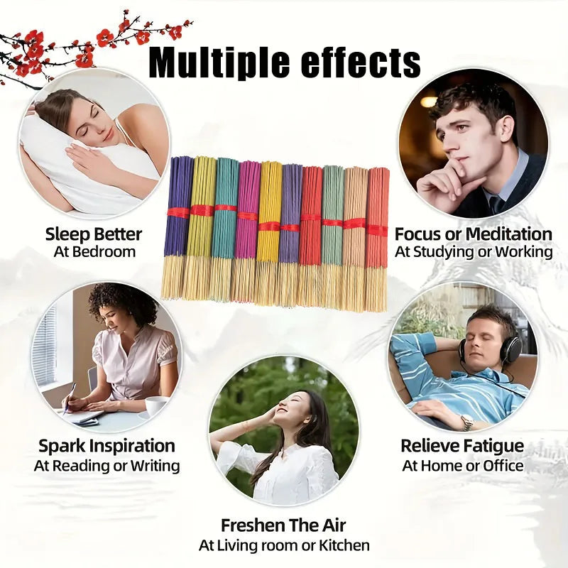 7 Sets of 140 Incense Sticks, Available in Four Seasonal Sets: Rose, Lavender, Sandalwood, Jasmine, Mint, Cherry Blossom, Herbal and Dragon Blood Wood, Each Pack Contains 20 Sticks, Suitable for Home Use, Office, Yoga, Medita