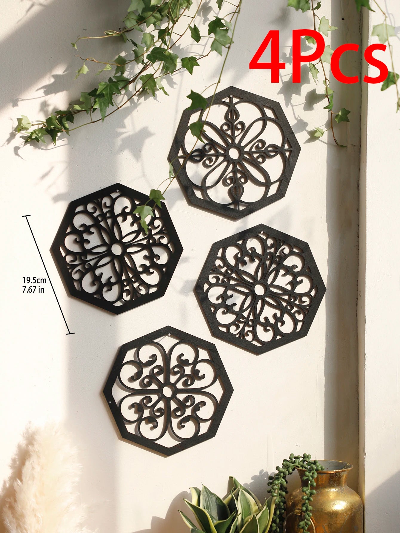 Tejesa 4Pcs Black Wooden Hollow Wall Decor /Boho Home Decoration Hexagon Square Hanging Wall Decor