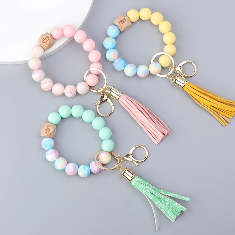 Colored Silicone Bead Bracelet PU Tassel Keychain Wristlet Bracelet Pendant Keychain Woman Man Jewelry Accessories Gifts