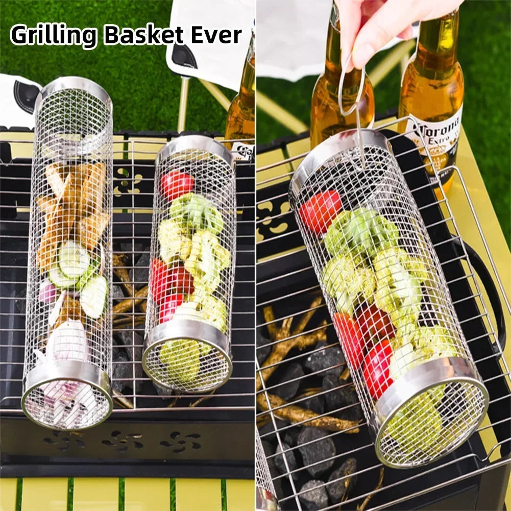 Tejesa BBQ Basket Stainless Steel Rolling Grilling Basket Wire Mesh Cylinder Cylindrical Portable Round Outdoor Camping Barbecue Rack