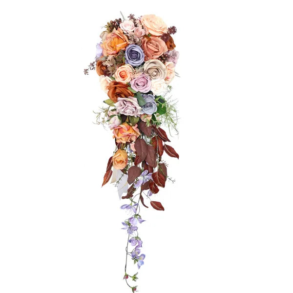 Tejesa Autumn Wedding Bouquet Vintage Terracotta Orange Sunflower Rose Bridal Cascading Bouquets for Fall Wedding Ceremony