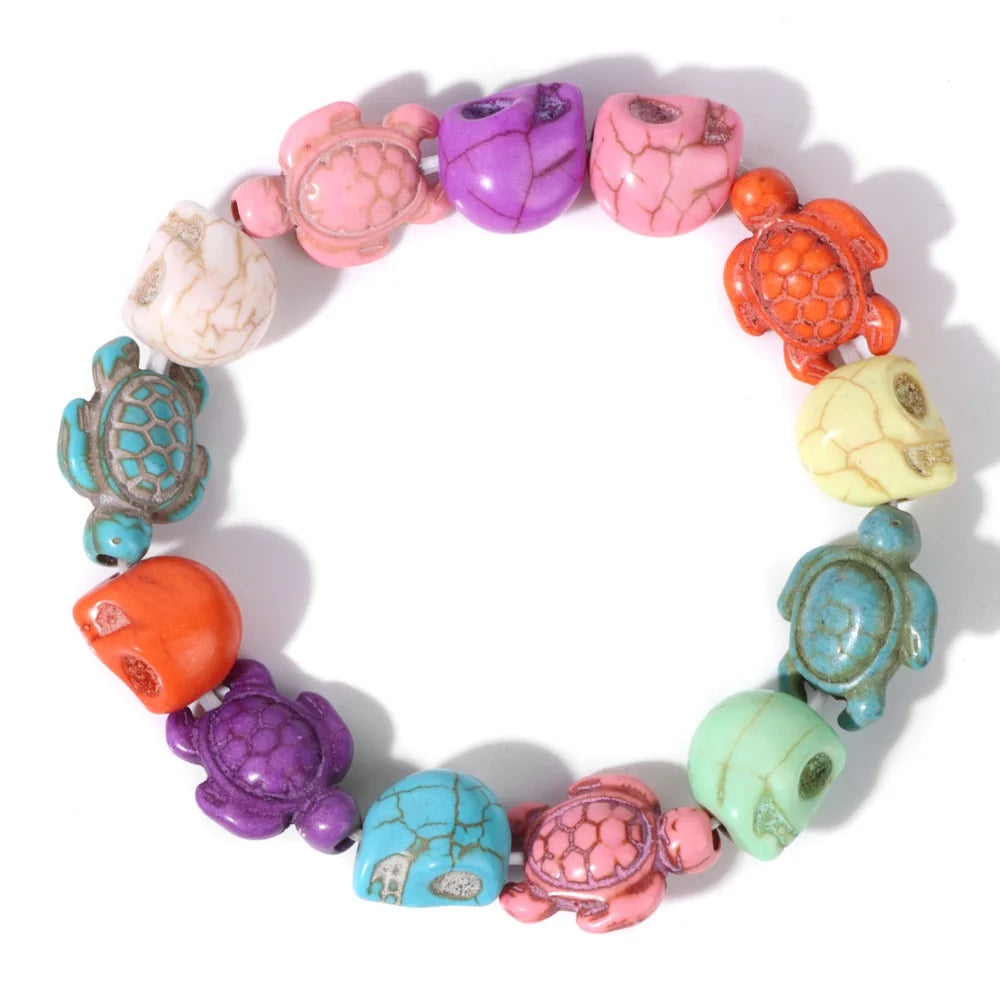 Colorful Skull Bracelet Sea Turtles Beaded Bracelets For Women Men Pink Red Blue White Howlite Stone Elastic Friendship Bangles