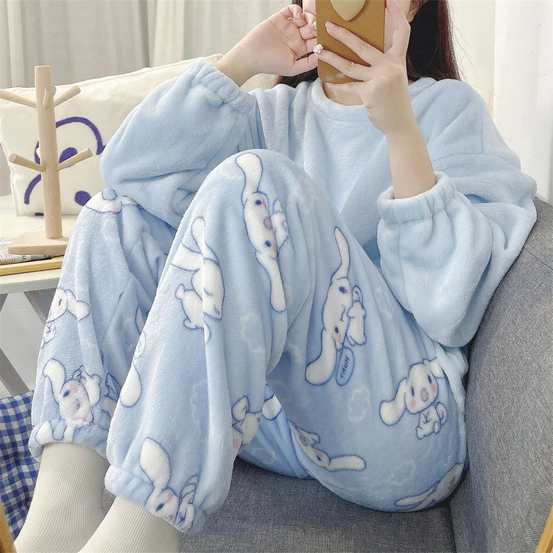Hemasa  Cinnamoroll Pajamas Kuromi My Melody Flannel Pullover Coral Velvet Winter Warm Pajamas Homewear Girl Gifts
