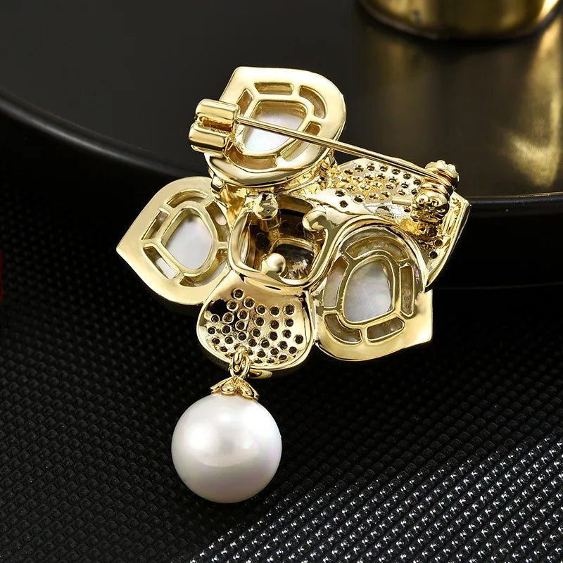 New Korean Style Heavy Industry Natural Shell Camellia Brooch, Luxury Copper Micro-inlaid Flower Pearl Brooch