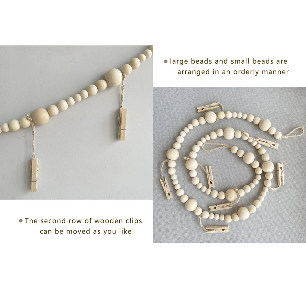 Wooden Beads Garland Wall Hanging Photo Display Boho Christmas Picture Card Frame for Home Decor Living Room Bedroom Rustic Deco