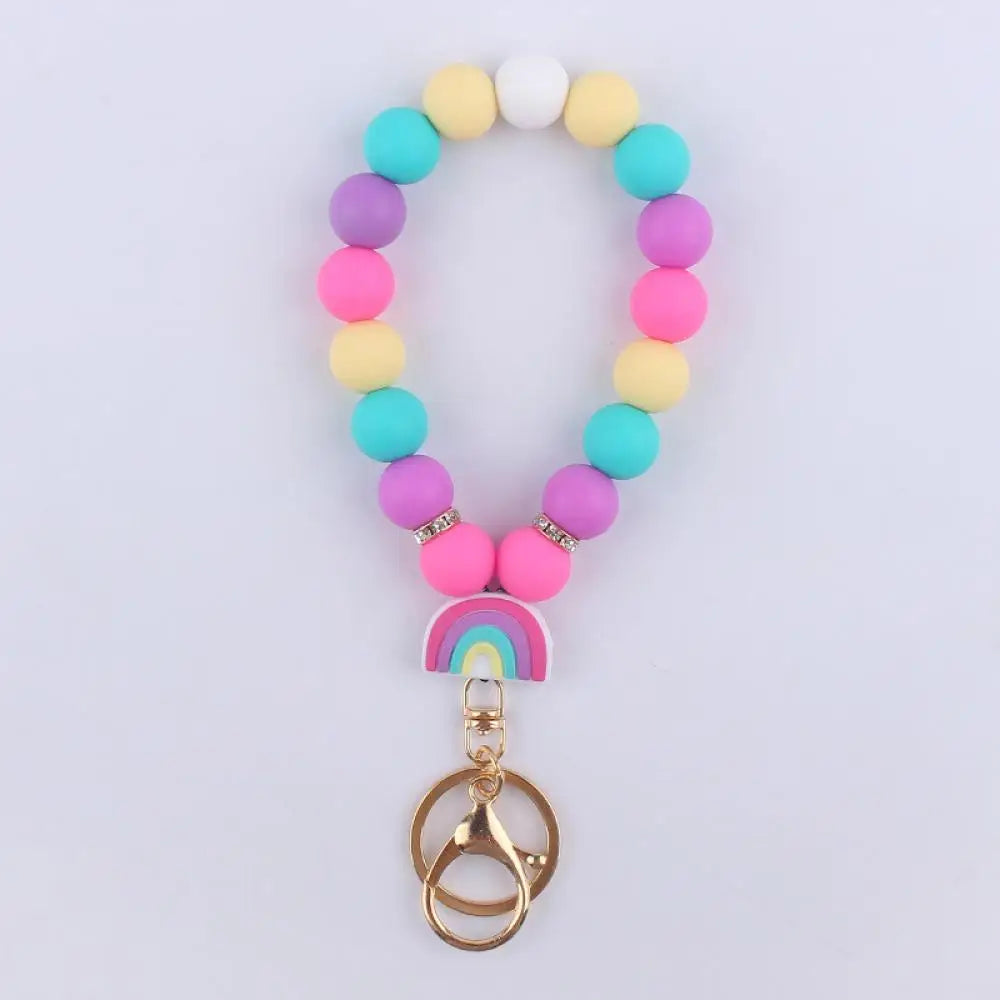 Hemasa  Silicone Rainbow Beads Keychain  for  Women /Girl Lobster Buckle Bracelet Keyring Jewelry For Car Bag Key Chain
