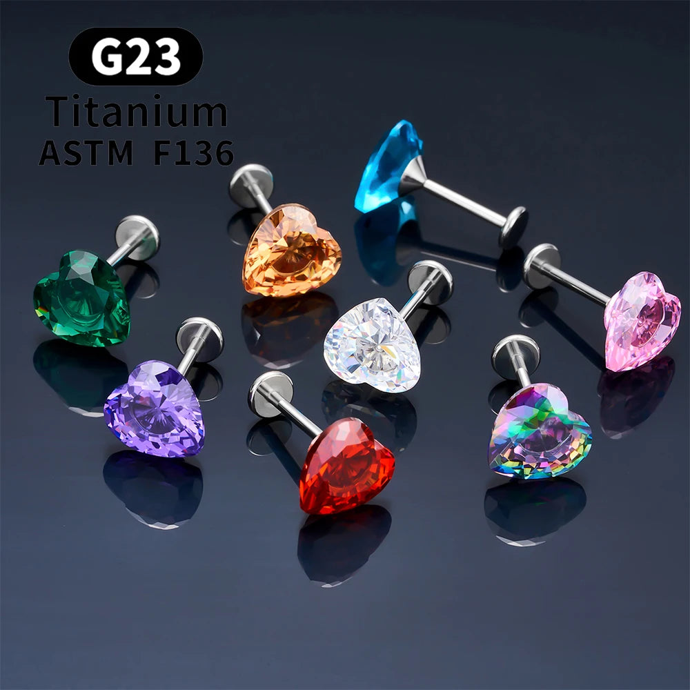 G23 Titanium Heart-shaped Stud Earrings for Women Girl 16G CZ Pin Type Labret Lip Ring Nose Ear Cartilage Tragus Body Jewelry