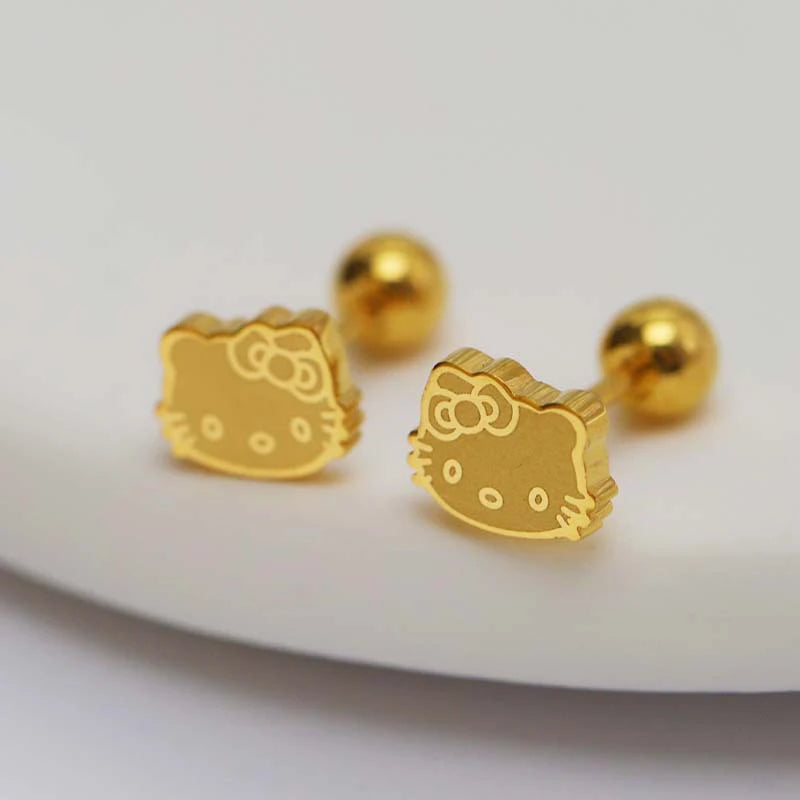 Hemasa 1Pair  Hello Kitty Earrings For Women /Girls  Titanium Steel Mini Cat Stud Earrings