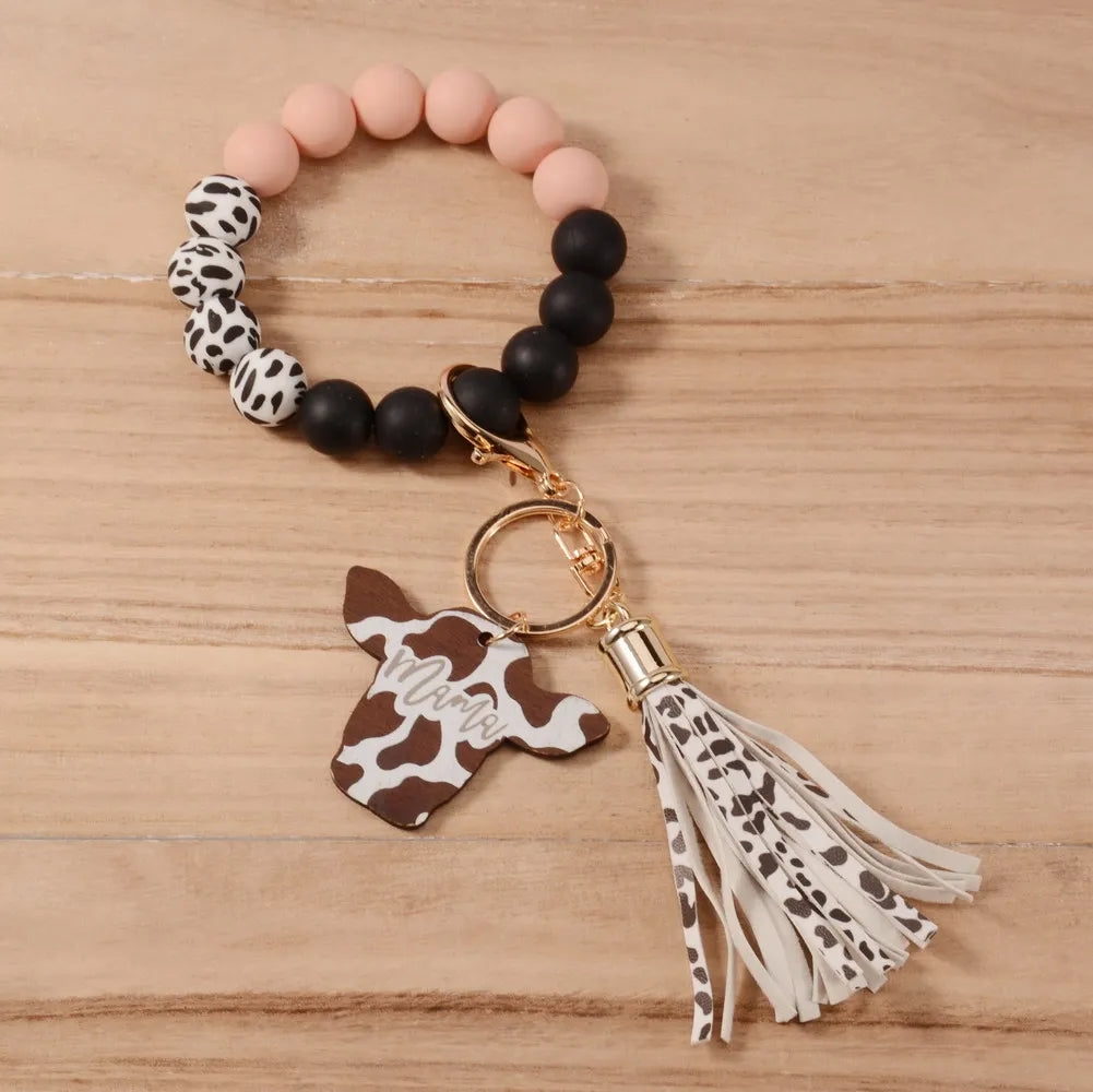 Western Style California Bison Head Shape Shiplap Wooden Engraved MAMA Wristlet Cow Patterns Silicone Beads Bracelet Keychain