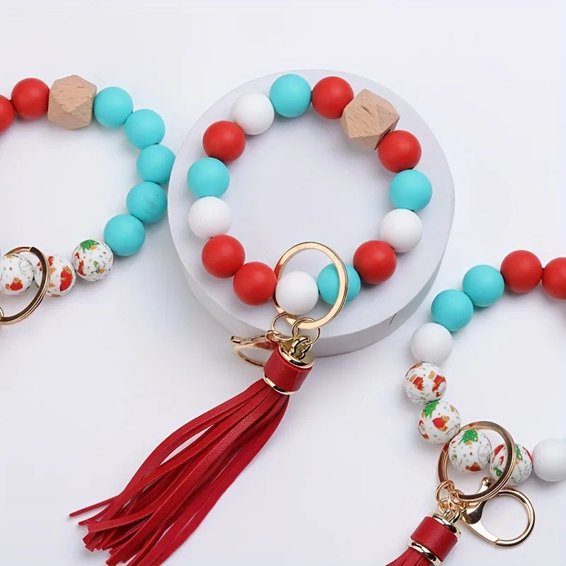 Hemasa Colorful Silicone Tassel Bracelet Keychain /Wood Beads Christmas Theme Party Favor Jewelry Accessory Versatile Gift