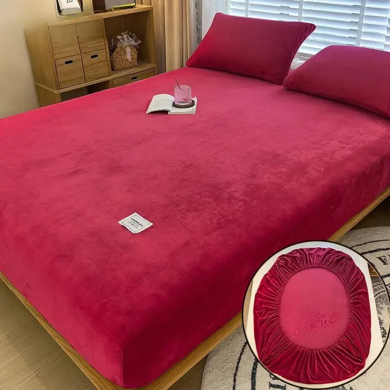 Cozy Coral Fleece Bed Sheet Set - Thermal Elastic Mattress Cover, Winter Luxury Double Size Bedding for Cold Nights