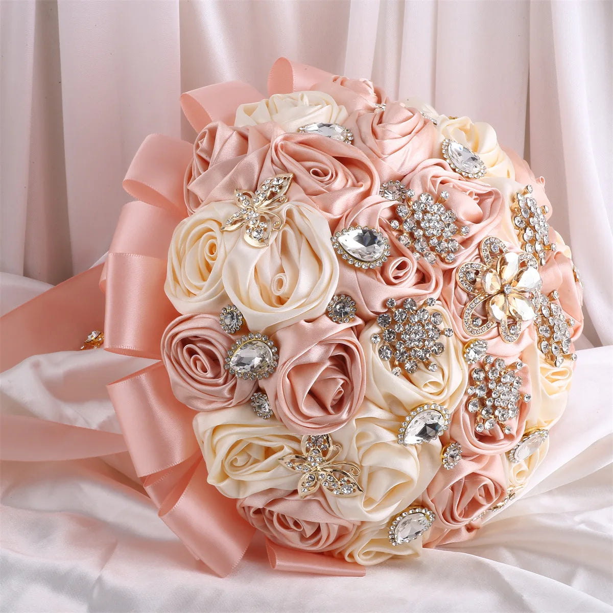 Tejesa Ivory Champagne Bridal Wedding Bouquet with Crystal Artificial Silk Rose Flower Bouquet for Quinceanera Bride Wedding