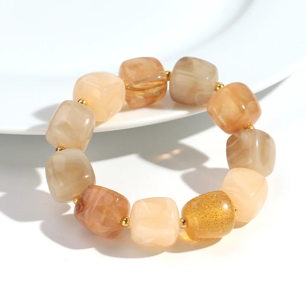 New Multicolor Acrylic Geometric Bead Bracelet for Women Trendy Resin Irregular Square Elastic Bracelets Handmade Jewelry Gift