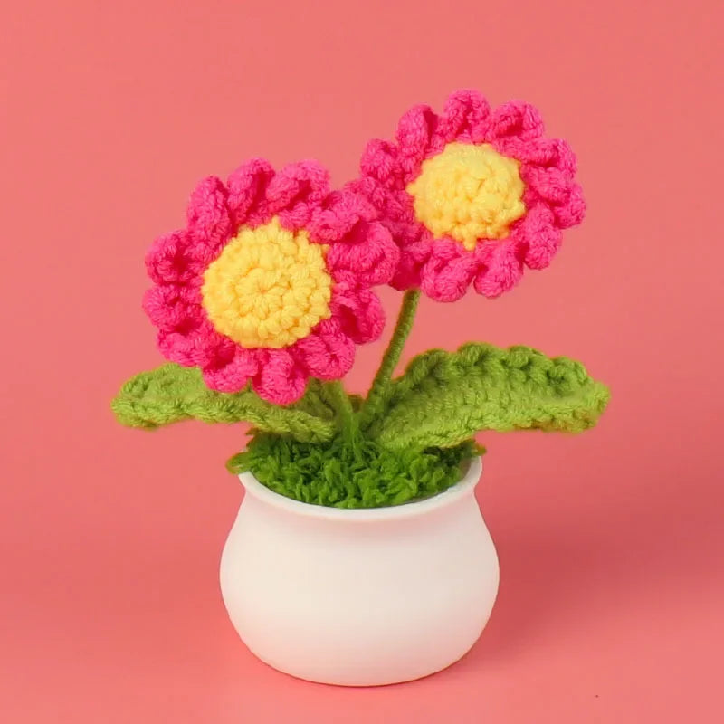 Hemasa Crochet Sunflowers Pot Creative Knitted Flowers Artificial Flower Hand Woven Finished Plant Car Desktop Decor Gift