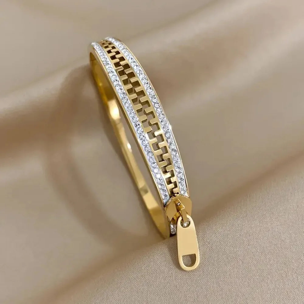 Tejesa Shiny Zipper Bangle /Cstal Bracelet Gold Plated Fashion Zip Titanium Steel Hand Chain Gift