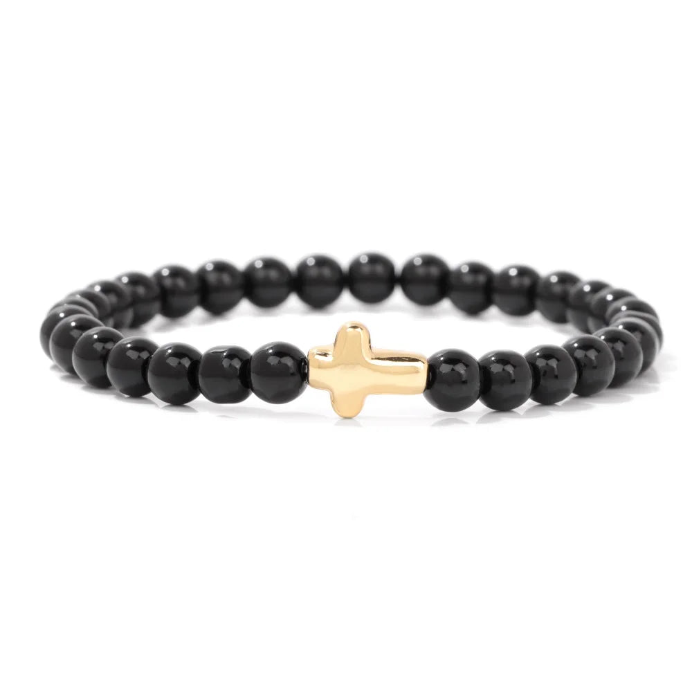 Tejesa 6mm Amethysts Bracelet Gold Color Jesus Cross Natural Stone Tiger Eye Opal African Turquoises Elastic Bracelets For Women Men