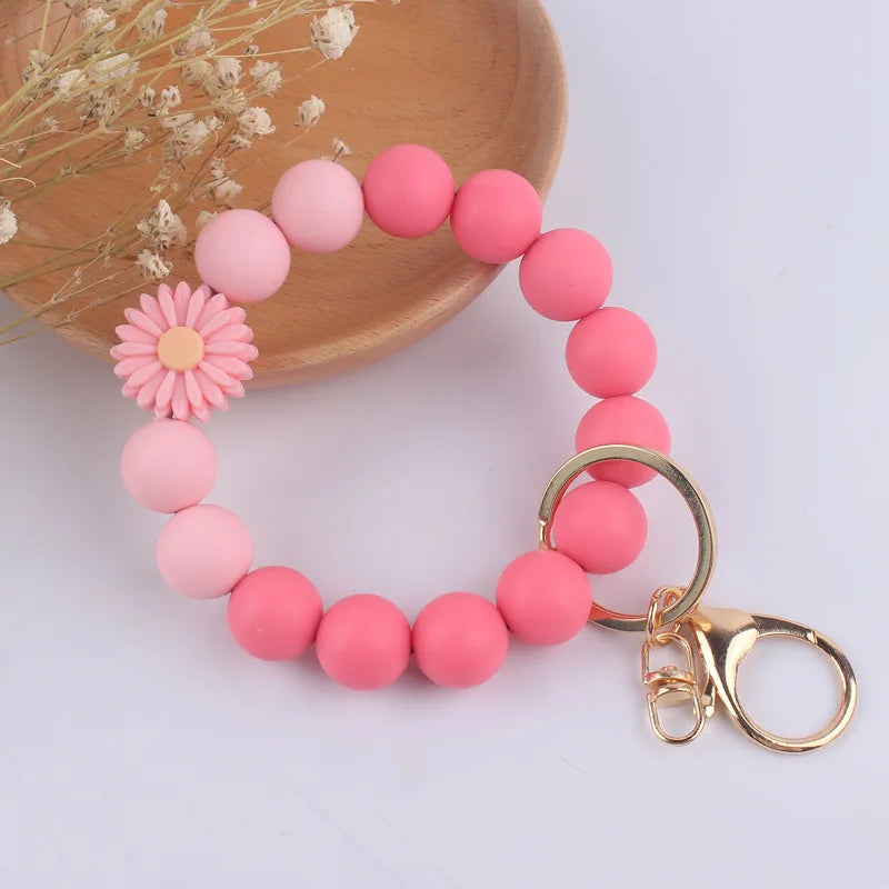 Food Grade Silicone Round Beaded Keychain Fashion Women Wristlet Bracelet Keyring For Anti-Loss Lobster Clasp Keychain Jewelry
