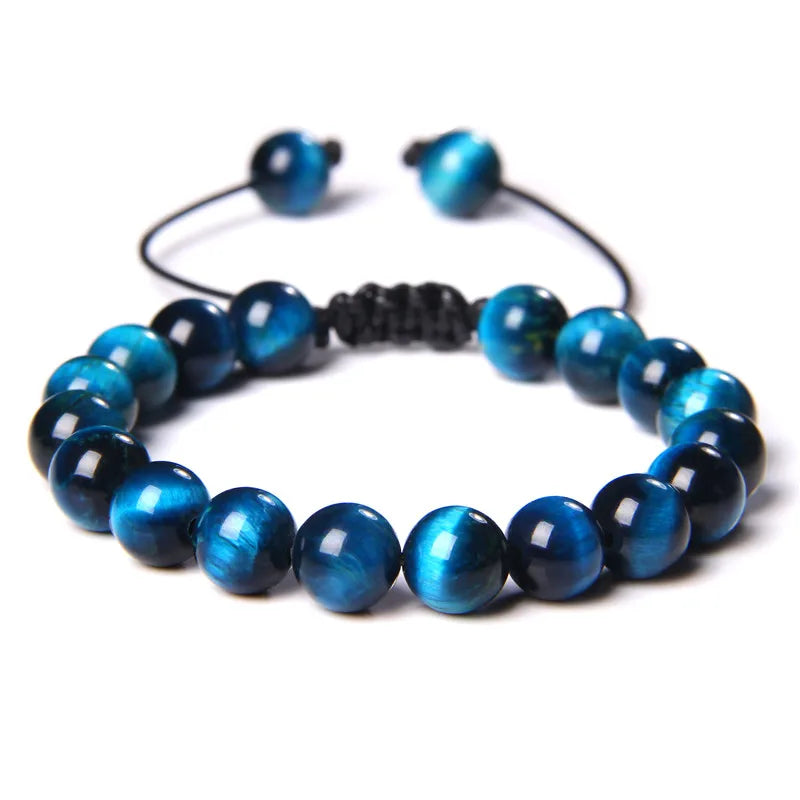 Hemasa Cool Royal Blue Tiger Eye Bracelets Natural Stone Tiger Eye Beaded Bracelets Pulsera Hombre Men Adjustable Woven Rope Bracelets