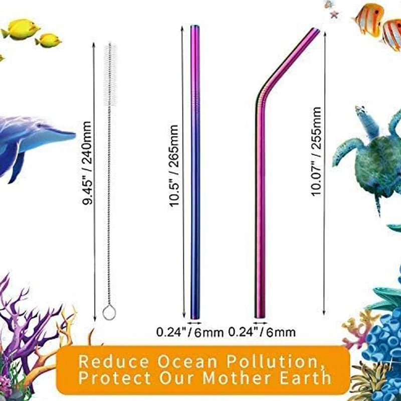 Hemasa Set of 4 Reusable Metal Straws Rainbow Color, Long Stainless Steel Straw with Cleaning Brushes-2 Straight 2 Bent+1 Brush