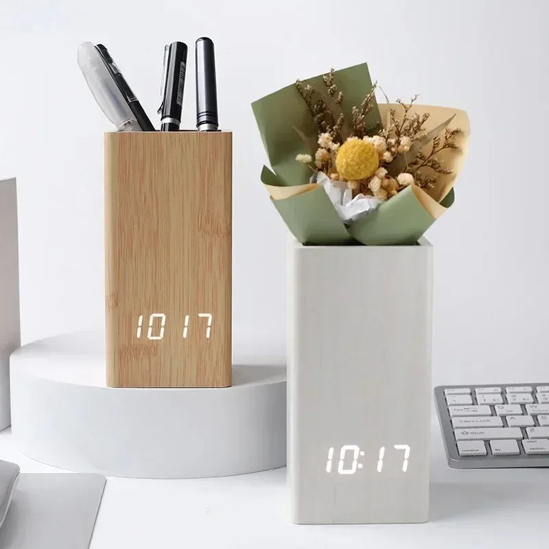 Tejesa Pencil Organizer Pen Holder Alarm Creative Simple Desktop Wooden Clock  Led Time Temperature Date Display Clock Home Decor