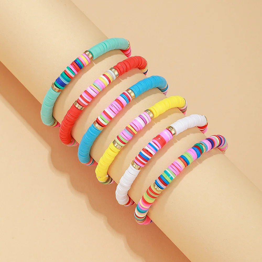 6-7Pcs/Set Bohemia Smile Face Colorful Stackable Bracelet Soft Clay Pottery Layering Friendship Bead Girl Bangle Boho Jewelry