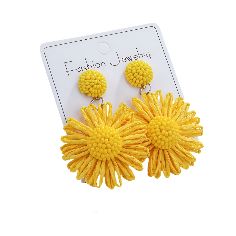 Hemasa Handmade Sun Flower Raffia Bead Earrings For Women/ Girl / Bohemian  Colorful Rattan Knit Earrings