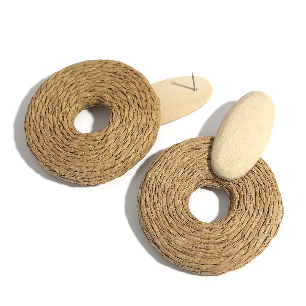 Lifefontier Ethnic Wooden Rattan Knit Round Drop Earrings For Women Handmade Beach Earring Pendant Jewelry Wholesale Gifts 2023