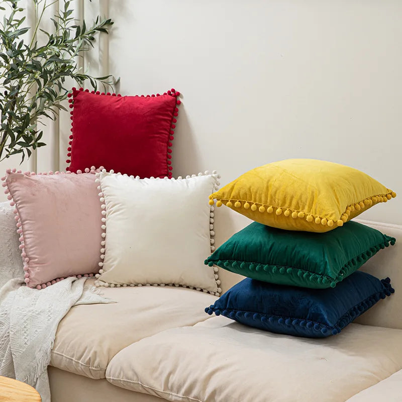 2PCS Simple Decorative Pillowcase Decorative Cushion Pillow Cover Pompoms Solid Cushion For Couch Sofa Bedroom Living Room