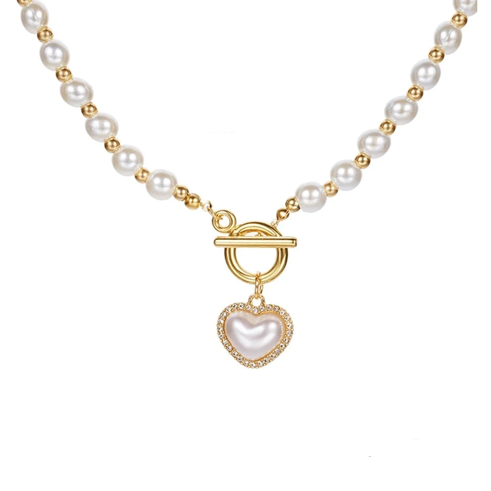 Hemasa Heart Pendant Round Pearl Golden Bead Chain Necklace for Women