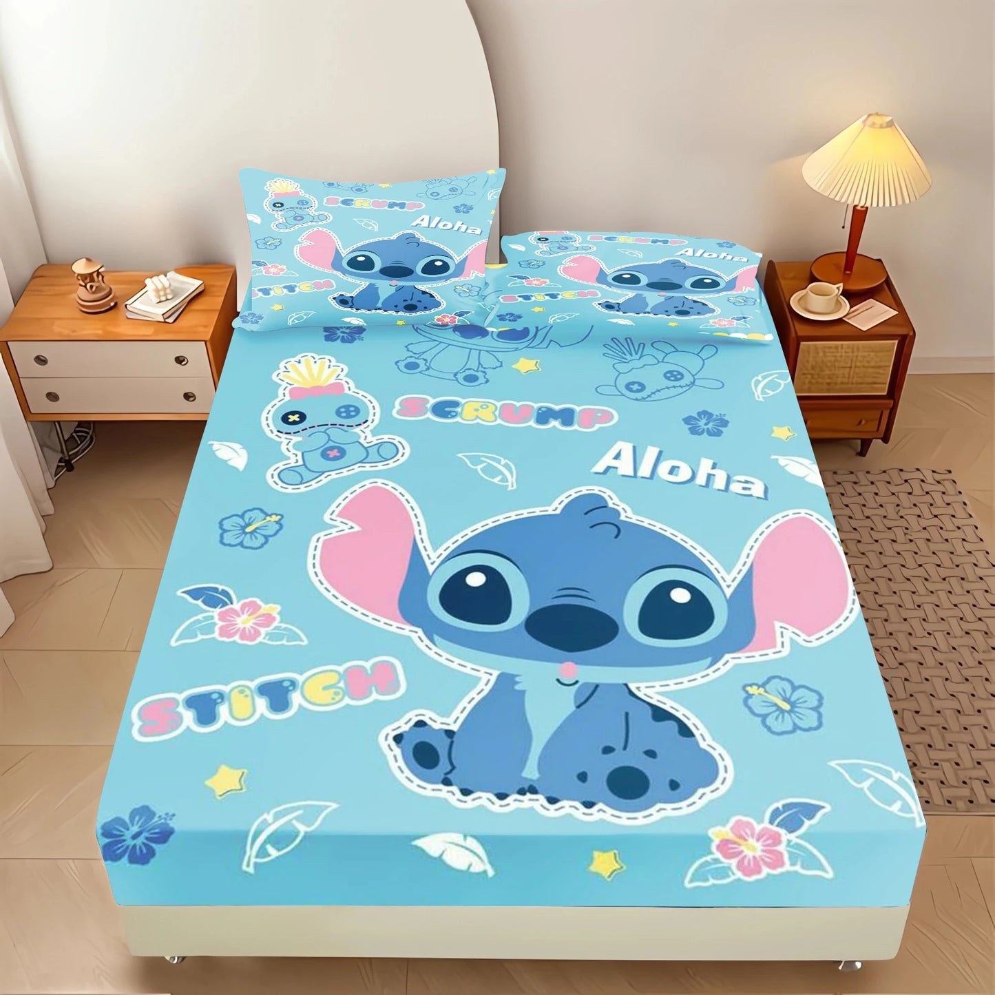 Stitch Fitted Sheet 100% Polyester Bedding Set With Pillowcase Suitable For Children And Adults Anime Kawaii